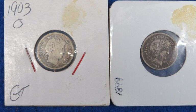 1903 O and 1899 P Barber dimes.