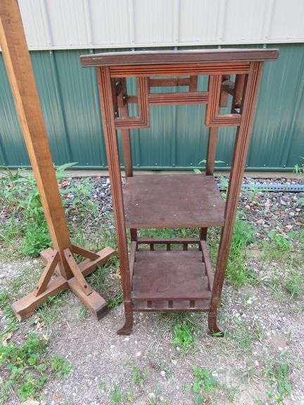 Wooden three-tiered stand 15"W x 38"H x 15"D and a coat tree. Needs two hooks