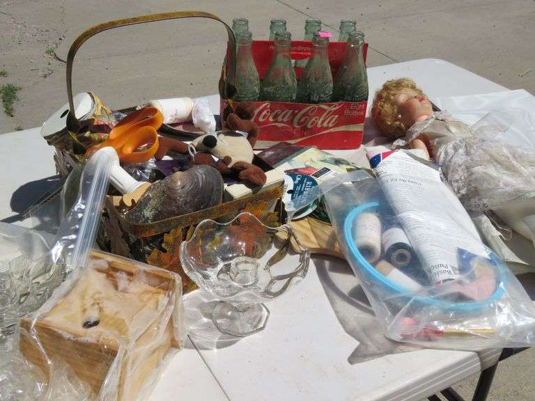 Coca-Cola 8-pack of bottles, sleepy eye doll, sewing supplies, tote, and more