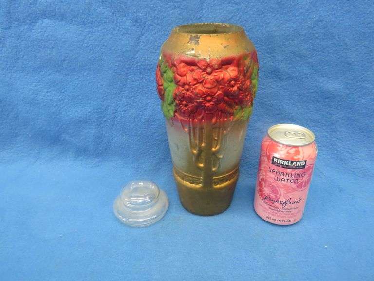 Two working music box/powder boxes and a painted glass vase/urn with lid