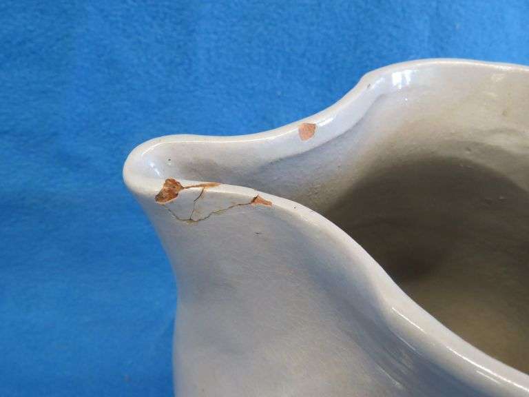 Blue band pitcher with repaired spout. Not marked