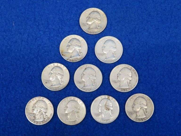 Ten silver Washington quarters