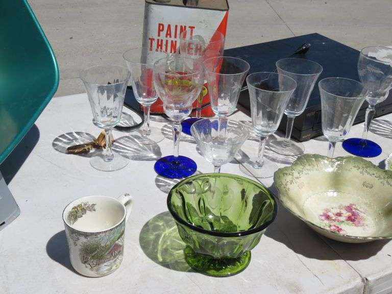 Painted Limoges bowls, painted Wheelock plate, VHS player, old paint thinner, glasses, tote, and mor