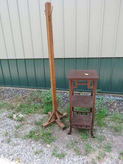 Wooden three-tiered stand 15"W x 38"H x 15"D and a coat tree. Needs two hooks