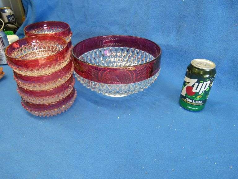 Indiana Glass Diamond Point Ruby Red Flash serving bowl and individual bowls