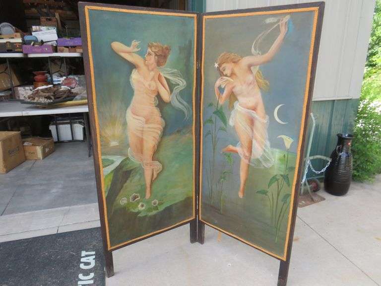 Old bifold painted canvas modesty screen.  Each of the two panels is 66" x 28".  Unsigned. Excellent