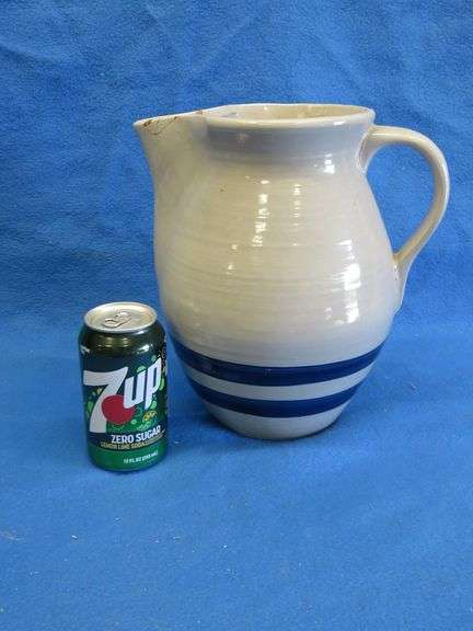 Blue band pitcher with repaired spout. Not marked