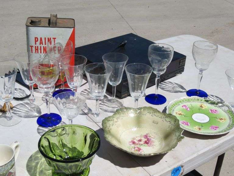 Painted Limoges bowls, painted Wheelock plate, VHS player, old paint thinner, glasses, tote, and mor