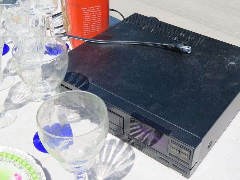 Painted Limoges bowls, painted Wheelock plate, VHS player, old paint thinner, glasses, tote, and mor