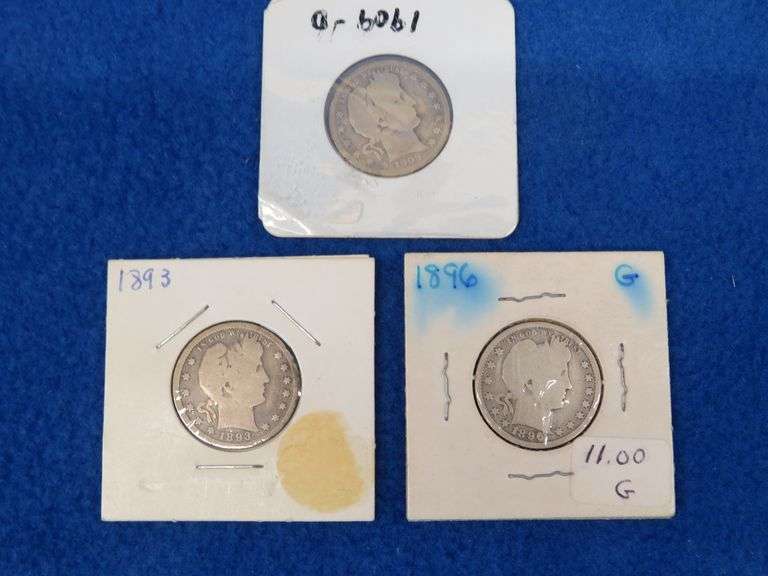 Three Barber quarters. See photos for dates