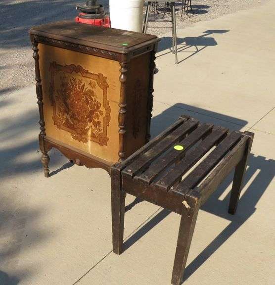 Wooden 28"W x 18"H x 14"D  bench and an old RCA "Loudspeaker" cabinet (no speaker)