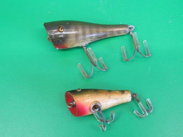 Vintage wooden Paw Paw 2 1/4" Baby Popper # 1200 with tack eyes, and a #2000 Popper with glass eyes.