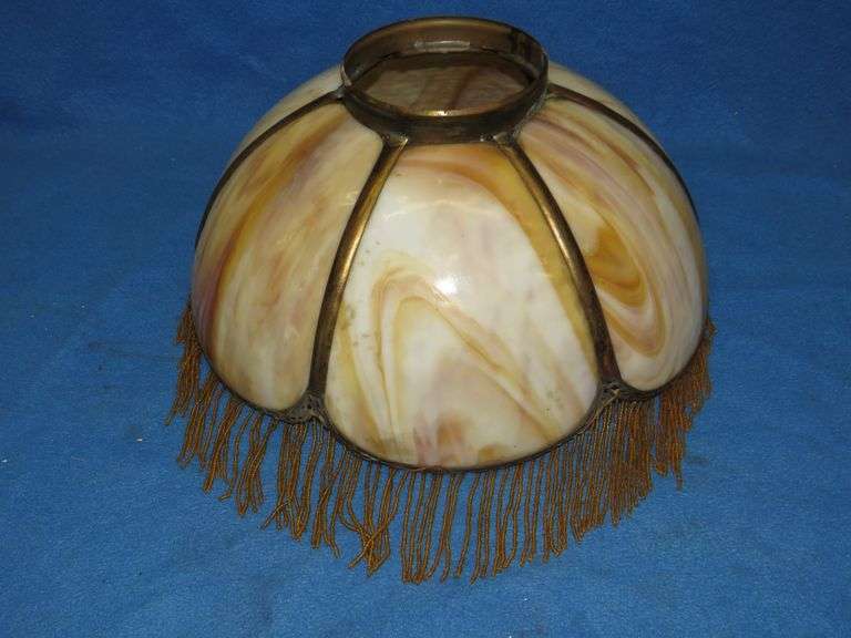 14" caramel slag glass shade with beaded fringe.  Very good condition.