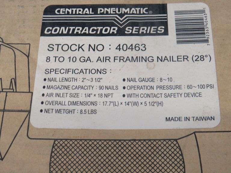 Central Pneumatic 8-10 gauge air framing nailer.  Appears to be seldom if ever used.