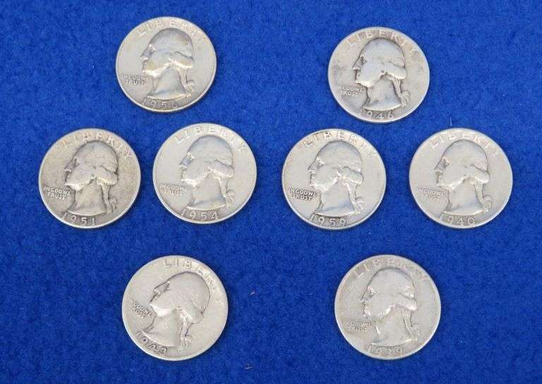 Eight silver Washington quarters