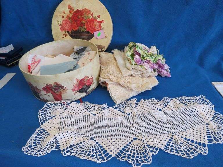 Hat box with dresser scarves, doilies, and more