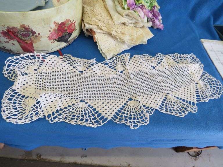 Hat box with dresser scarves, doilies, and more