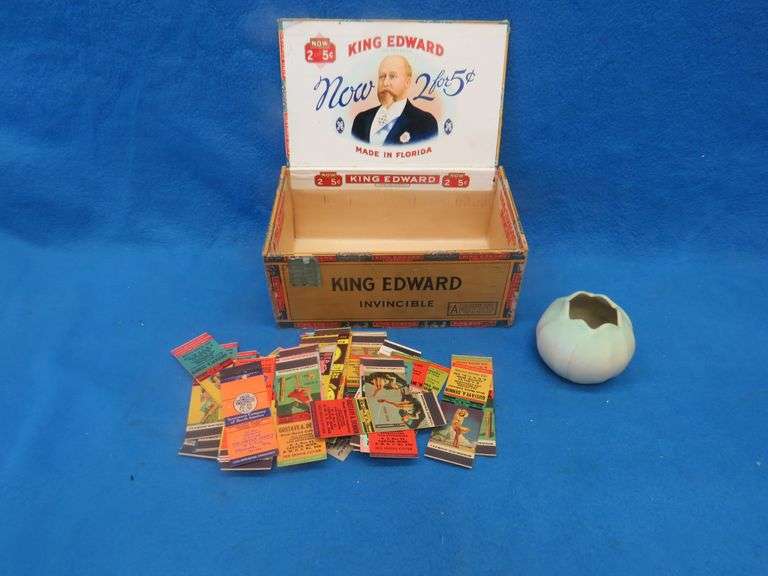 Rosemeade bowl and unused match covers in a King Edward cigar box