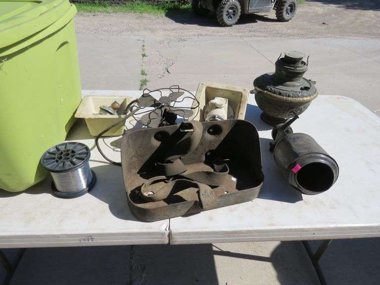 Cast iron utility tray, untested fan, and Kerosene lamp base and tote