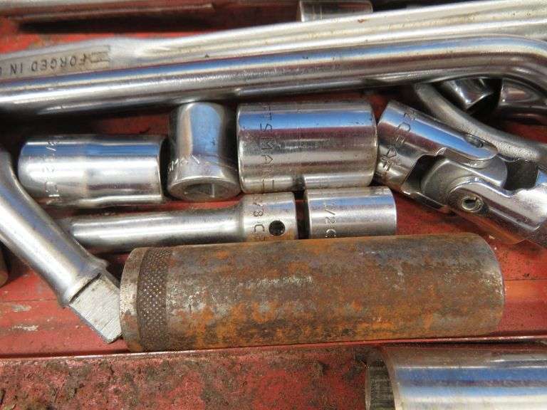 Metal toolbox with contents, including many Craftsman sockets,  ratchets, extensions, and more inclu