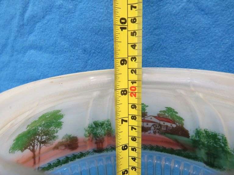 Vintage glass shade with a painted grist mill scene in excellent condition