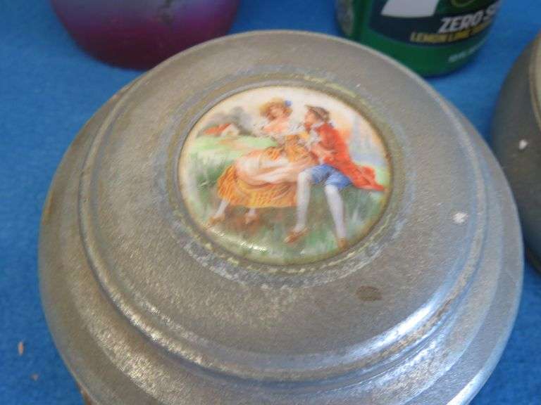 Two working music boxes and a painted vase