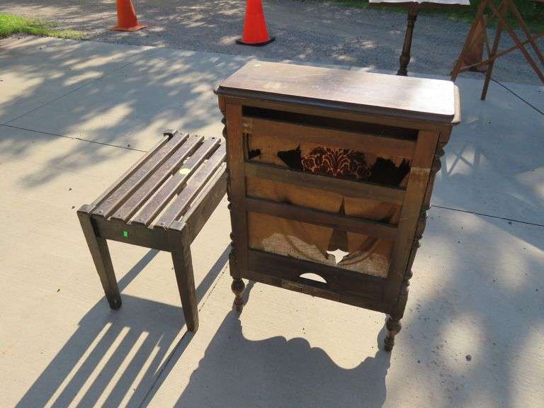 Wooden 28"W x 18"H x 14"D  bench and an old RCA "Loudspeaker" cabinet (no speaker)