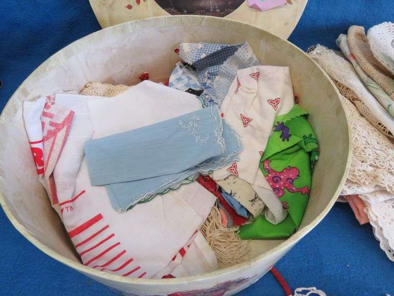 Hat box with dresser scarves, doilies, and more