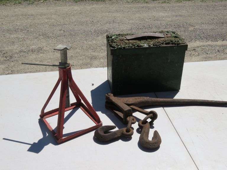Chain binder, jack stand, and old metal box we couldn't open