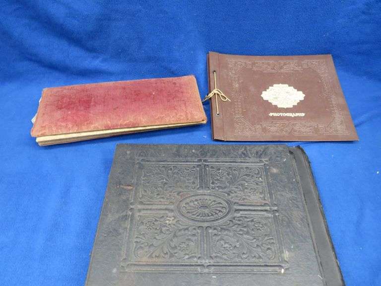 Three vintage photo albums. One has over 500 photos or postcards of bridges. Two are unused