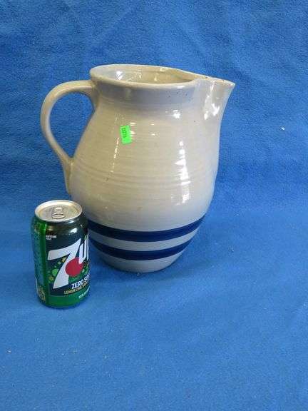 Blue band pitcher with repaired spout. Not marked