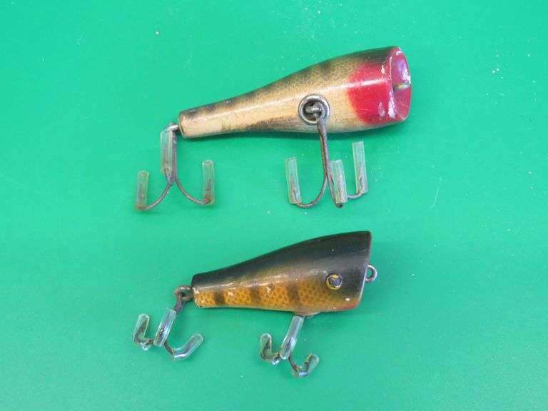 Vintage wooden Paw Paw 2 1/4" Baby Popper # 1200 with tack eyes, and a #2000 Popper with glass eyes.