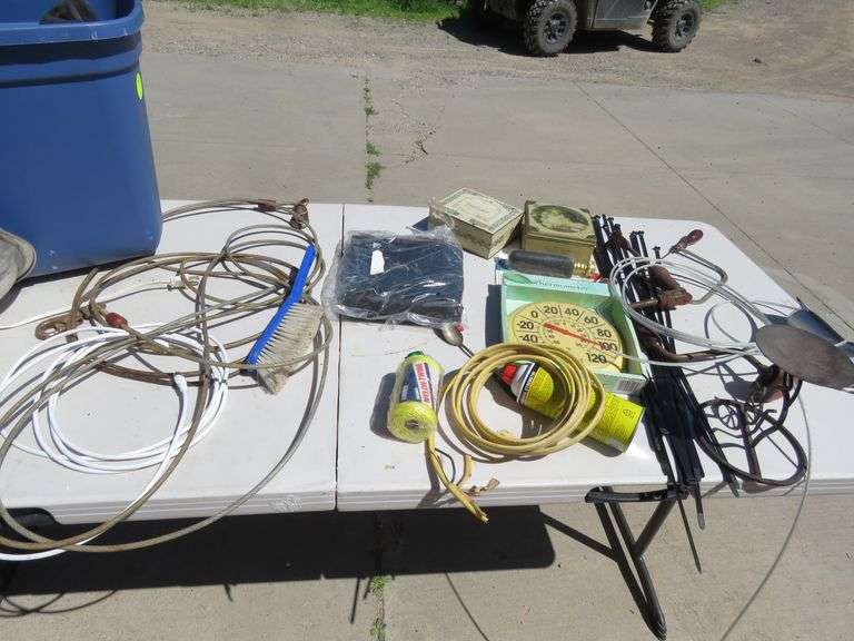 Dog leads, zip ties, outdoor thermometer, tote, and more