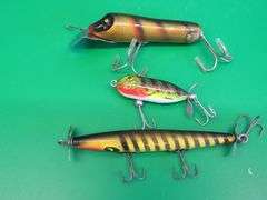 Vintage South Bend wooden 3 1/8" Baby Pike-Oreno  with tack eyes, Smithwick Devils Horse, and a Hedd