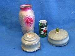 Two working music boxes and a painted vase