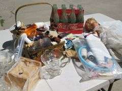 Coca-Cola 8-pack of bottles, sleepy eye doll, sewing supplies, tote, and more