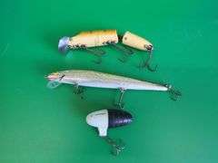 Vintage Herter's 5 1/4" Minnow, and a 4 5/8" wooden Jointed Vamp; and an unidentified 1 7/8" bait.