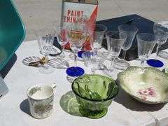 Painted Limoges bowls, painted Wheelock plate, VHS player, old paint thinner, glasses, tote, and mor