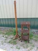 Wooden three-tiered stand 15"W x 38"H x 15"D and a coat tree. Needs two hooks