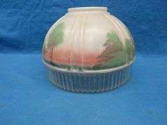 Vintage glass shade with a painted grist mill scene in excellent condition