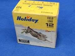 25 Holiday 8-shot, 12-gauge rounds in a vintage Holiday box with art design by Les Kouba, shells are