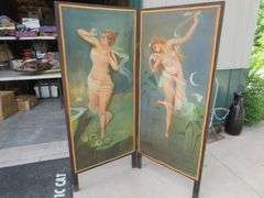 Old bifold painted canvas modesty screen.  Each of the two panels is 66" x 28".  Unsigned. Excellent