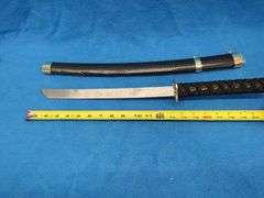 Three-sword set with scabbards and display stand