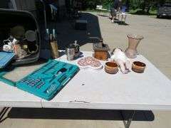 Vintage coffee grinder, driver set, tote, and more