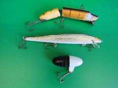 Vintage Herter's 5 1/4" Minnow, and a 4 5/8" wooden Jointed Vamp; and an unidentified 1 7/8" bait.