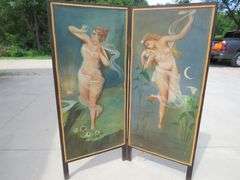 Old bifold painted canvas modesty screen.  Each of the two panels is 66" x 28".  Unsigned. Excellent