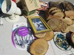 Box lot with wall art, wood cookies, and more