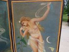 Old bifold painted canvas modesty screen.  Each of the two panels is 66" x 28".  Unsigned. Excellent