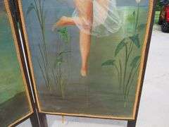 Old bifold painted canvas modesty screen.  Each of the two panels is 66" x 28".  Unsigned. Excellent