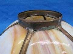 14" caramel slag glass shade with beaded fringe.  Very good condition.